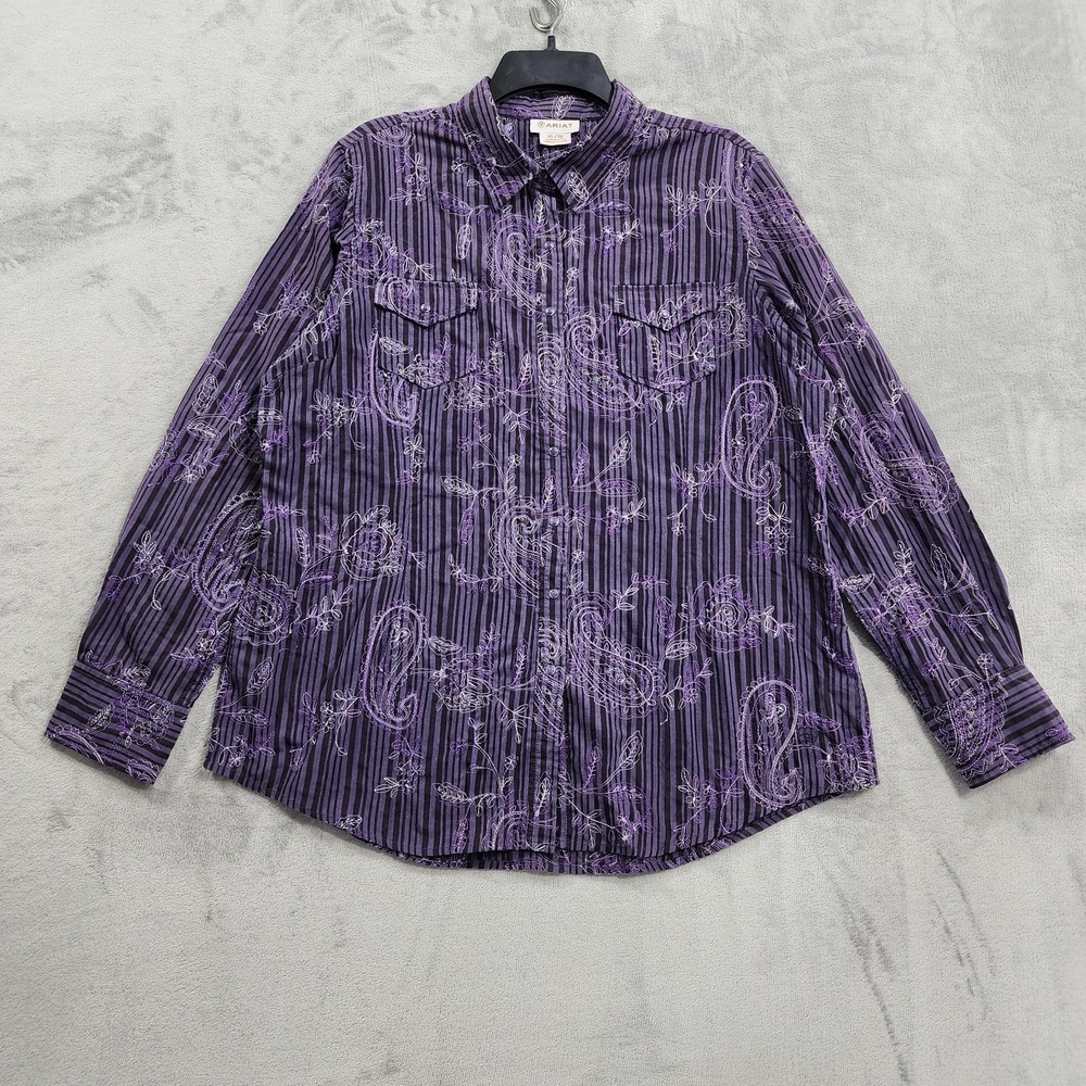 Ariat Top Womens XL Purple Striped Paisley Embroidered Western Pearl Snap Casual